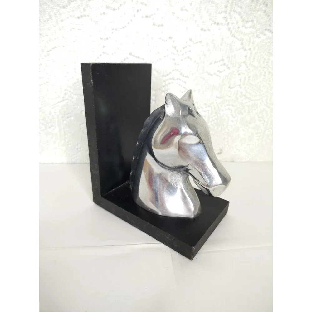 Horse head book end only 1 pc 6 3/4 inches aluminum and wood